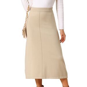 Sweater Elastic High Waist Stretchy Ribbed Knit Midi Skirt Apricot